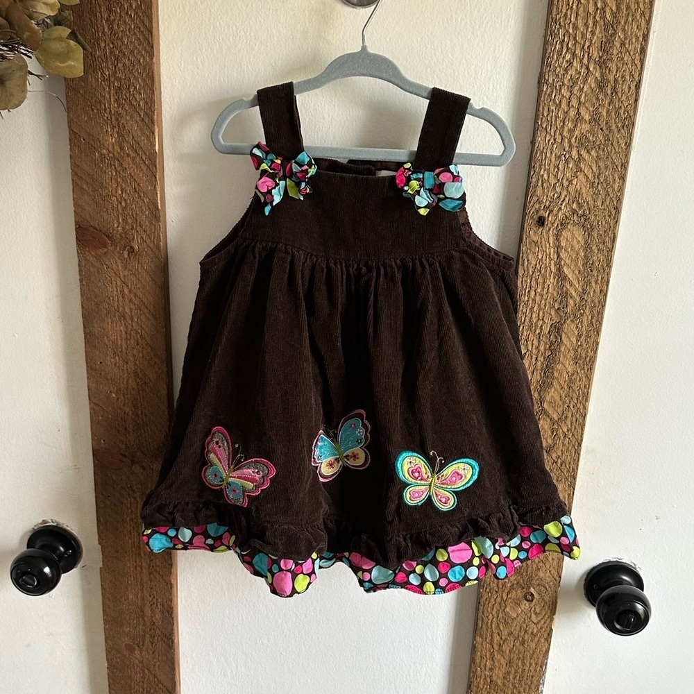 Rare Editions Corduroy Dress Jumper Brown Embroidered Butterflies/Bows 24m girl